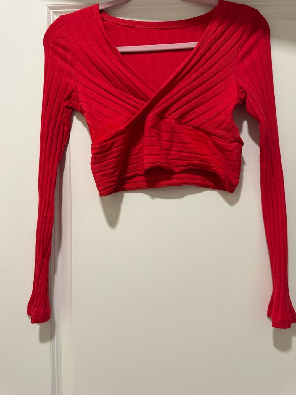 New Red Ribbed Wrap-Front Women's Crop Top S